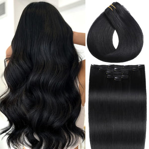 Clip in Hair Extensions Real Human Hair Jet Black Hair Extensions Clip ins Remy Human Hair Clip in Extensions for Women 14 Inch Silky Straight Hair 80g/5pcs Double Weft