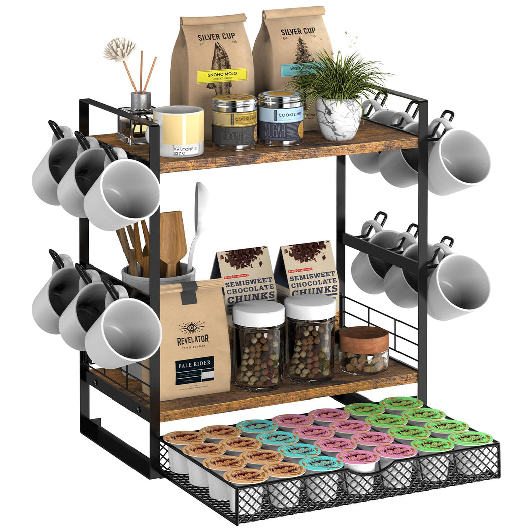 OGEMXU Coffee Station Organizer, 3 Tier Bar Organizer for Countertop, Mug Cup Holder Stand With 12 Hooks and 28 K Cup Storage for Kitchen, Home & Office, Rustic Brown