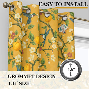 Floral Curtains 100% Blackout Vintage Hummingbird Black Out Curtain 84 Inches Long Thermal Insulated Window Drapes 2 Panels Grommet Room Darkening Curtains for Living Room Bedroom, Mustard Yellow