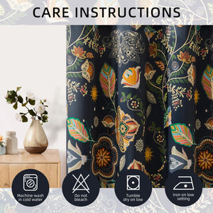 Navy Blue Vintage Floral Patterned Curtains 84 Inches Long 2 Panels for Bedroom Living Room 100% Blackout Mid Century Modern Curtains with Flower Botanical Printed Thermal Insulated Grommet Drapes