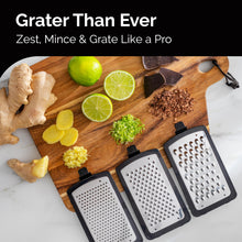 Load image into Gallery viewer, Cheese Grater with Garlic Crusher- Box Grater Vegetable Shredder with 3 Stainless Steel Blades - Graters for Kitchen- Cheese Graters with Handle - Garlic Mincer Tool and Vegetable Peeler
