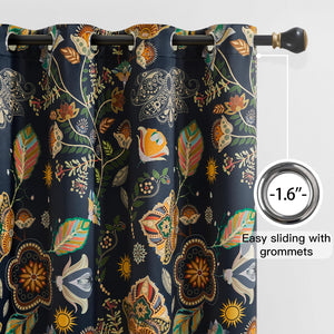 Navy Blue Vintage Floral Patterned Curtains 84 Inches Long 2 Panels for Bedroom Living Room 100% Blackout Mid Century Modern Curtains with Flower Botanical Printed Thermal Insulated Grommet Drapes