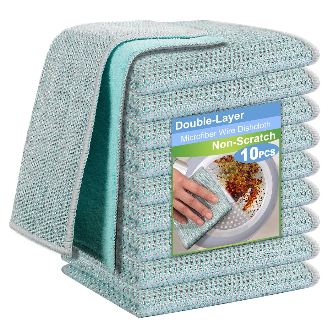 TIVERAIN 10pcs New Upgrade 2-Layer Microfiber Wire Dishcloth,Non-Scratch Wire Dishwashing Rags for Wet and Dry,Metal Scrubbers, Kitchen Miracle Cleaning Dish Rags for Cookware,Sinks, Dishes,Stove,Blue