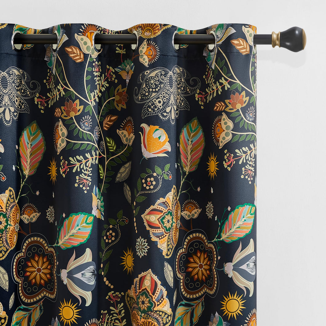 Navy Blue Vintage Floral Patterned Curtains 84 Inches Long 2 Panels for Bedroom Living Room 100% Blackout Mid Century Modern Curtains with Flower Botanical Printed Thermal Insulated Grommet Drapes