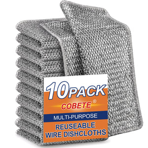 COBETE Non Scratch Wire Dishcloth,Double-Layer Wire Dishwashing Rags for Wet and Dry,Wire Miracle Cleaning Towels and Dish Cloths Multipurpose for Washing Dishes,Cookware, Sinks,Stove Tops,Pack of 10