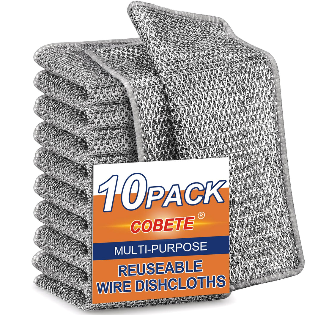 COBETE Non Scratch Wire Dishcloth,Double-Layer Wire Dishwashing Rags for Wet and Dry,Wire Miracle Cleaning Towels and Dish Cloths Multipurpose for Washing Dishes,Cookware, Sinks,Stove Tops,Pack of 10