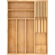 Load image into Gallery viewer, TIOPGHAD Small-Bamboo-Silverware-Drawer-Organizer, Expandable Utensil Kitchen Cutlery Tray Flatware Organization Adjustable Wood Tableware Dividers Storage (with Removable Knife Block)(Natural)
