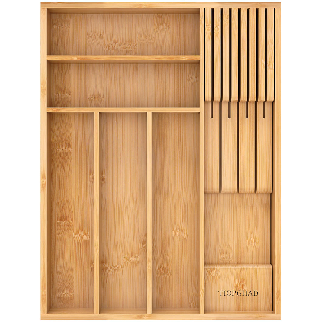 TIOPGHAD Small-Bamboo-Silverware-Drawer-Organizer, Expandable Utensil Kitchen Cutlery Tray Flatware Organization Adjustable Wood Tableware Dividers Storage (with Removable Knife Block)(Natural)
