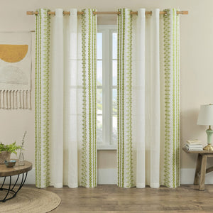 Bohemian Curtains 96 Inches Long 2 Panels set for Bedroom Living Room Grommet Embroidered Flax Linen Curtains Semi Sheer Drapes Farmhouse Decor Office Dining Room, 52x96 Inch Length, Sage Green