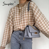 Simplee Women geometric khaki knitted winter sweater.