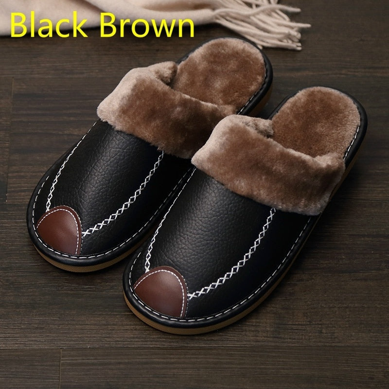 Men New Warm Winter PU Leather Slippers...