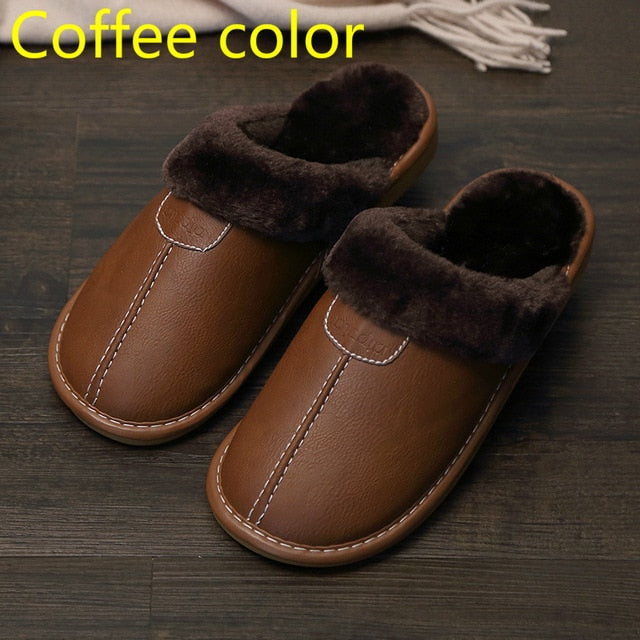 Men New Warm Winter PU Leather Slippers...